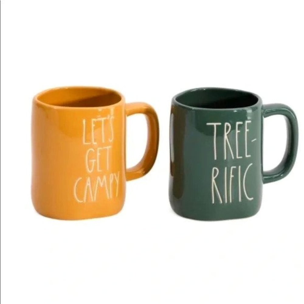 Rae Dunn Two Pack Ceramic Coffee Mugs Lets get Campy NIB